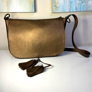 Loewe Napa Bronze Leather Flap Shoulder Bag with Tassels
